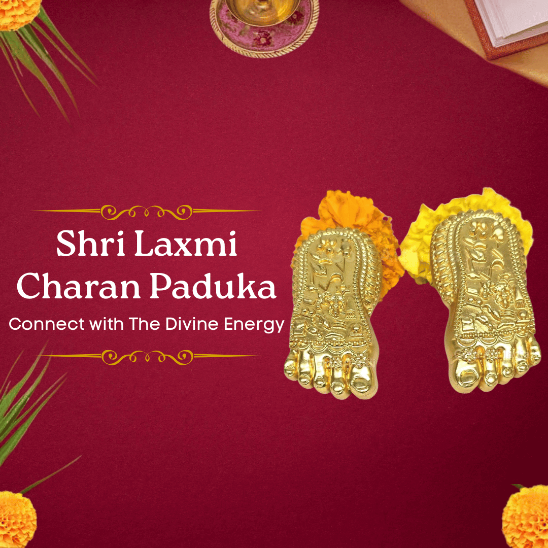 Shri Laxmi Charan Paduka gold plated matte feet idol, symbolizing divine blessings and energy for home decor and puja.