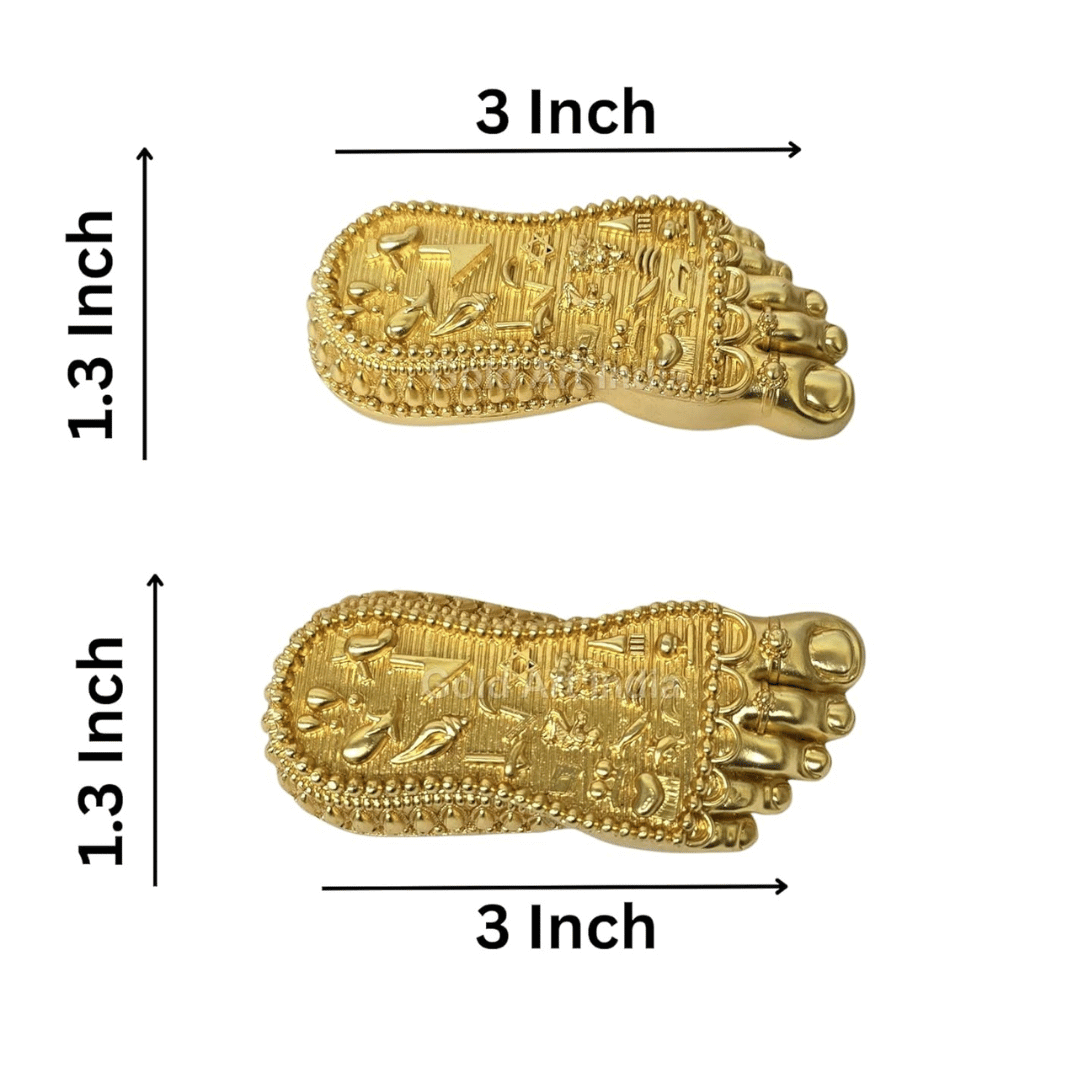 Gold plated Shri Laxmi Charan Paduka, 3 inches wide, 1.3 inches long, perfect for temple and home decor.