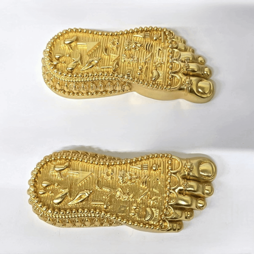 Shri Laxmi Charan Paduka gold plated matte decorative feet symbols for home temple decor.
