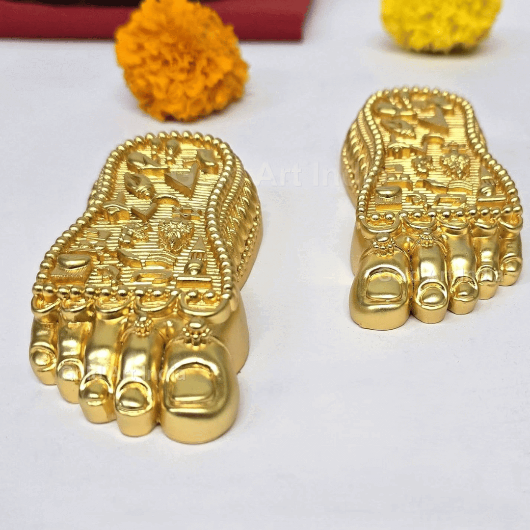 Shri Laxmi Charan Paduka gold plated feet decor for home and temple, symbolizing blessings and prosperity.
