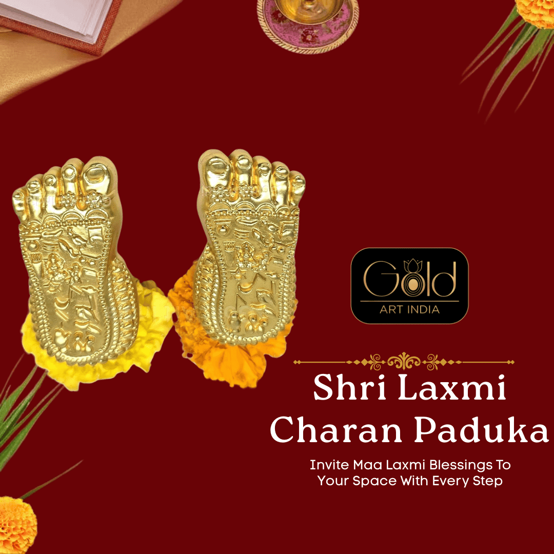 Shri Laxmi Charan Paduka gold plated matte feet idol for home temple decor and Maa Laxmi blessings.
