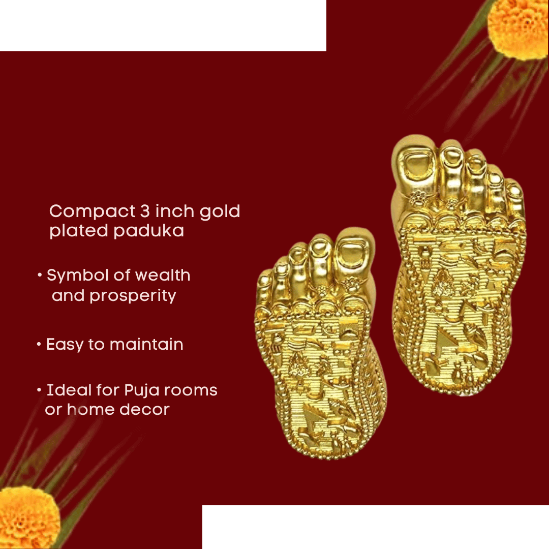 Gold plated 3 inch Shri Laxmi Charan Paduka, symbolizing wealth, ideal for puja or home decor.
