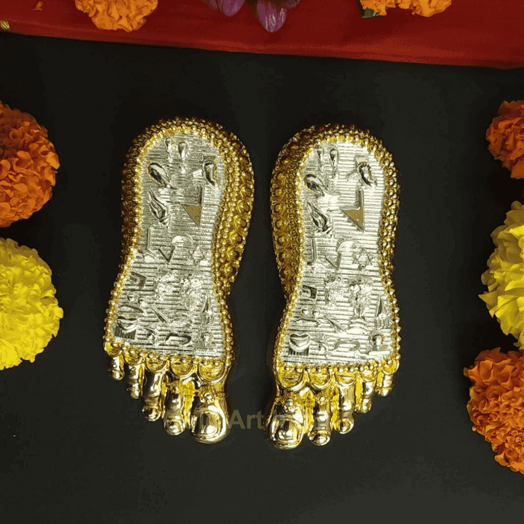 Shri Laxmi Charan Paduka with gold and silver plating, ideal for home temple and Laxmi Puja decorations.
