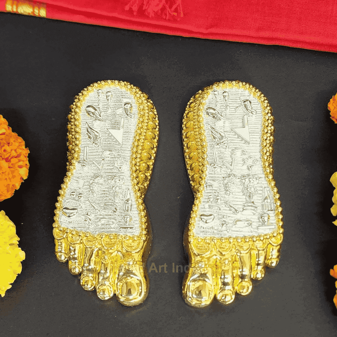 Shri Laxmi Charan Paduka gold and silver plated idol depicting Maa Lakshmi's footprints for home temple and Laxmi Puja.