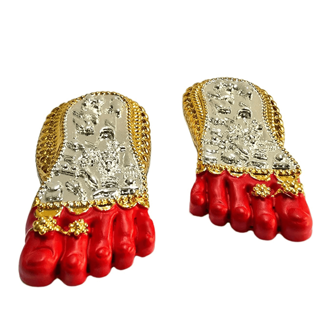 Shri Laxmi Charan Paduka gold and silver plated idol with red accents for home decor and Laxmi Puja, 4.5 inches.