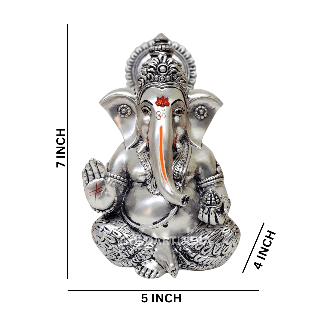 Silver Antique Mukut Ganesh Idol, 7 inch decorative god idol for pooja and home decor.
