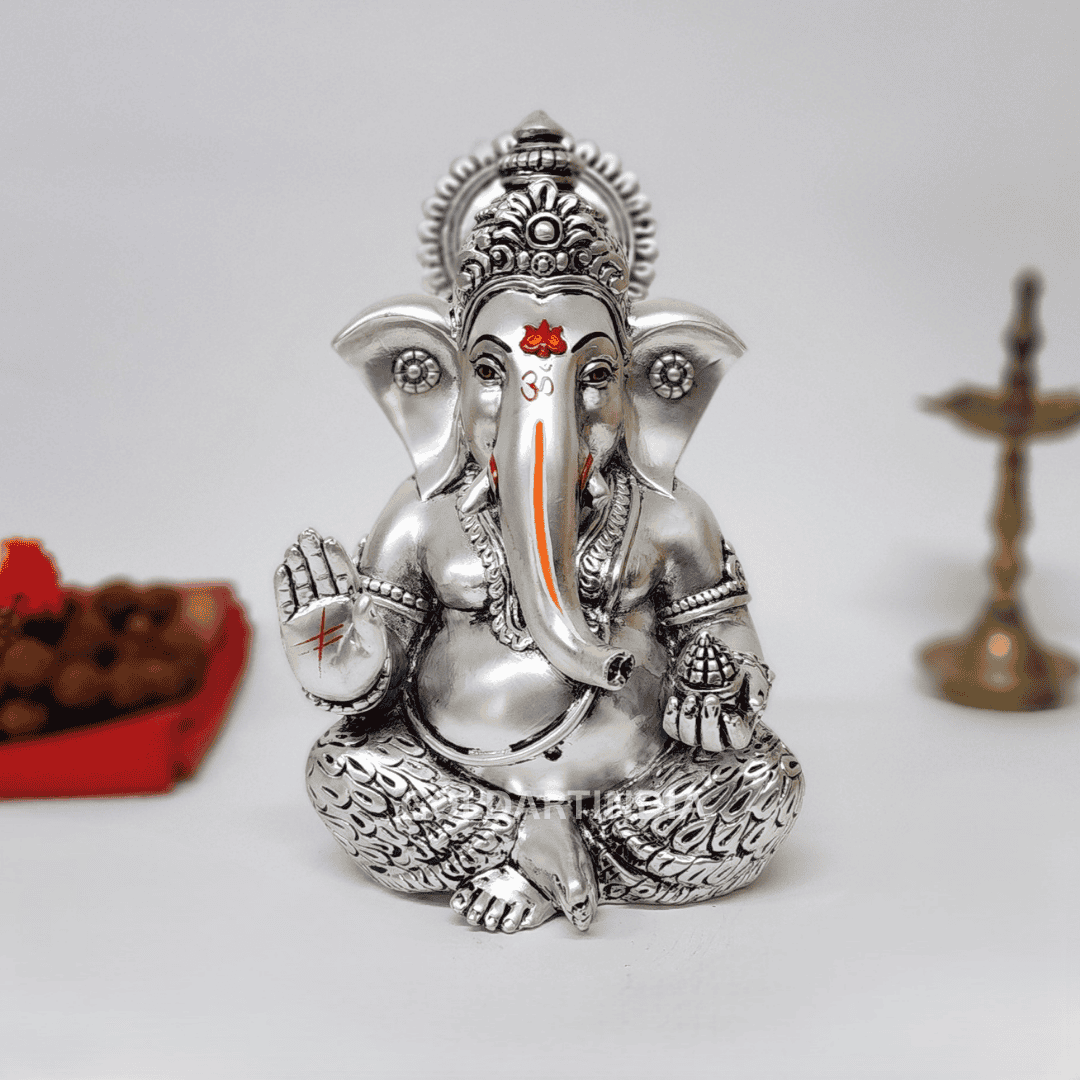 Silver Antique Mukut Ganesh Idol – 7 inch decorative god idol for pooja and home decor.