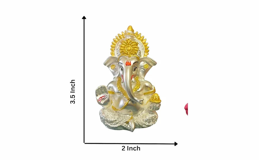 Silver matte finish Ganesha idol with golden touch – 3.5 inch by Gold Art India