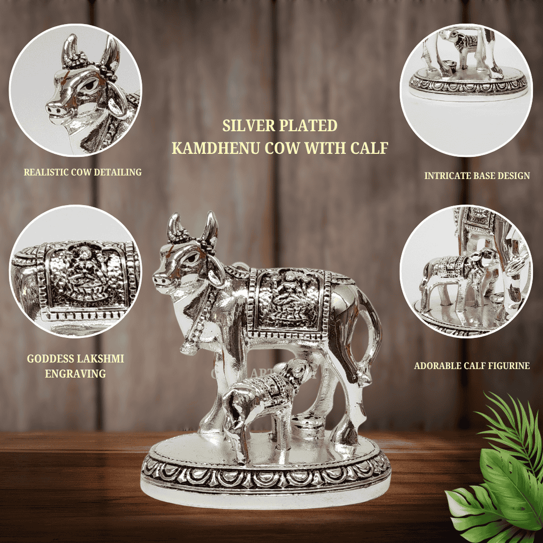 Silver plated Kamdhenu Cow and Calf idol with intricate details and Goddess Lakshmi engraving, ideal for decor and gifting.