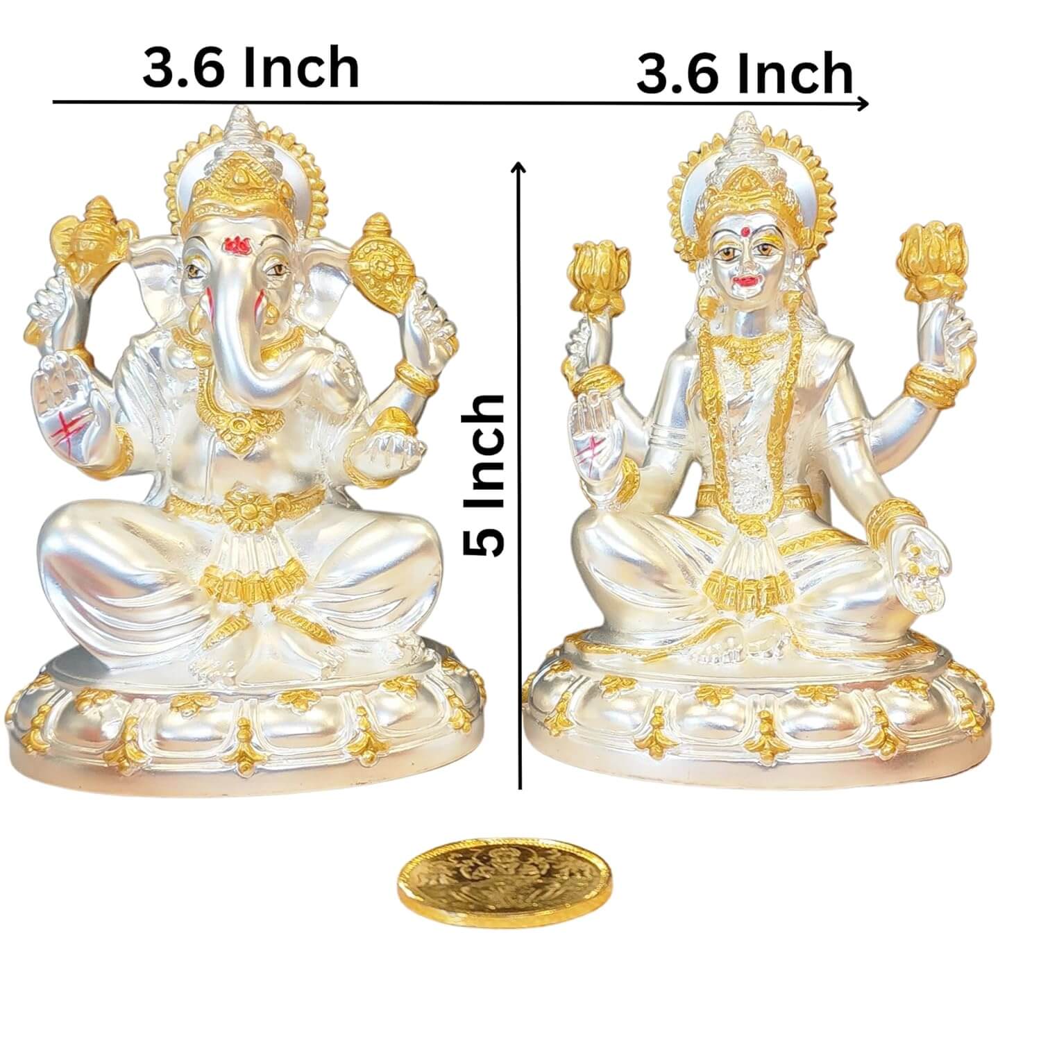 5" Silver Matte Laxmi Ganesha Idol Set with Gold Jewelry for Diwali Puja and Home Decor