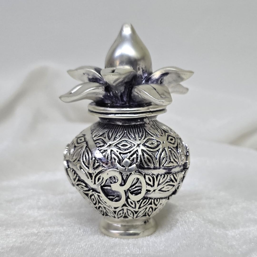 Silver Plated OM Kalash with Antique Matte Finish – 4.3 Inch by Gold Art India