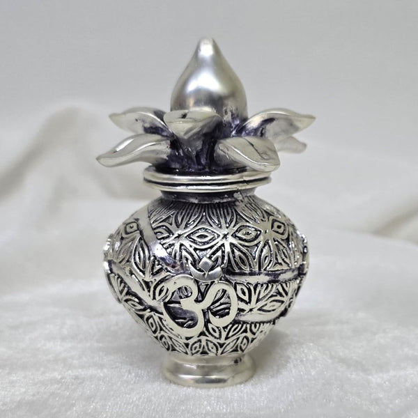 Silver-Plated OM Kalash – Antique Matte Finish | Gold Art India (4.3 Inch, Resin Base)