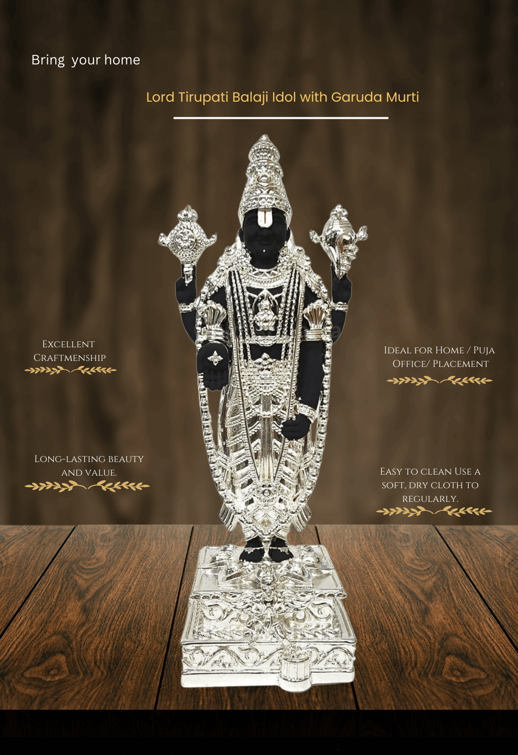 Black and silver Lord Venkateshwara idol, elegantly adorned with intricate silver detailing, standing on an ornate pedestal.c
