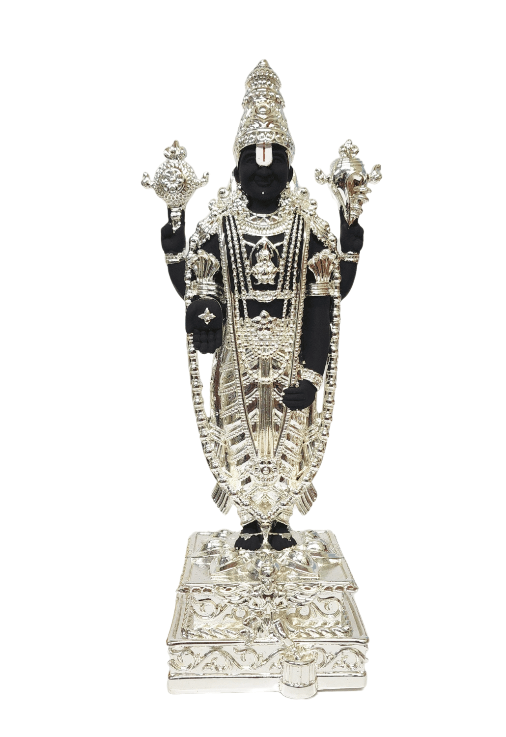 Black and silver Lord Venkateshwara idol, elegantly adorned with intricate silver detailing, standing on an ornate pedestal.
