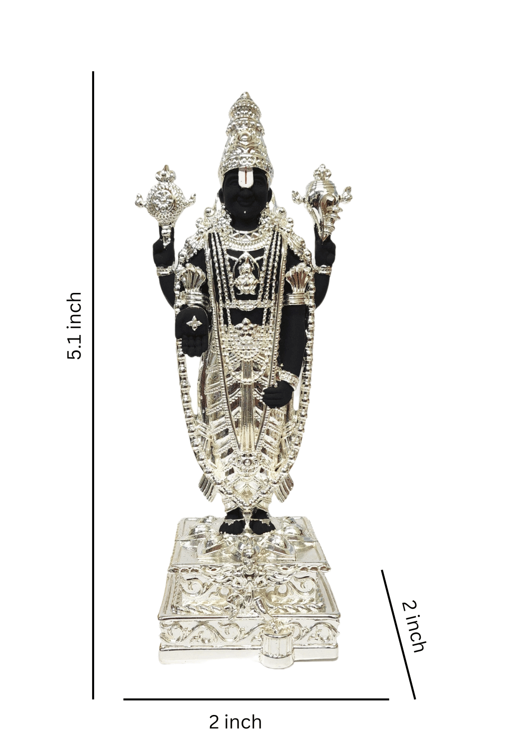 Black and silver Lord Venkateshwara idol, elegantly adorned with intricate silver detailing, standing on an ornate pedestal. Dimension 5.1 x 2 x 2 inches