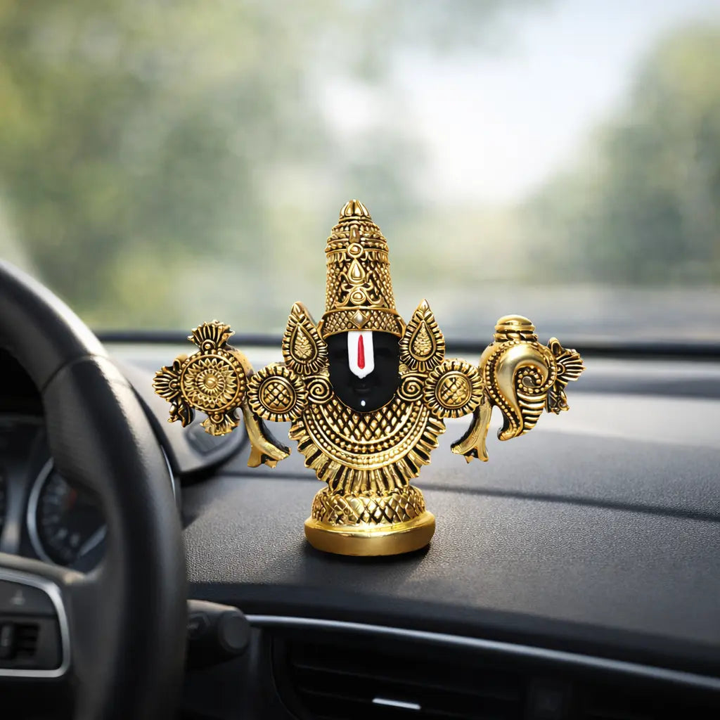 Lord Balaji Face Idol – Gold-Plated Antique Finish – 3.5 Inch for Pooja, Office & Gifts - Gold Art India