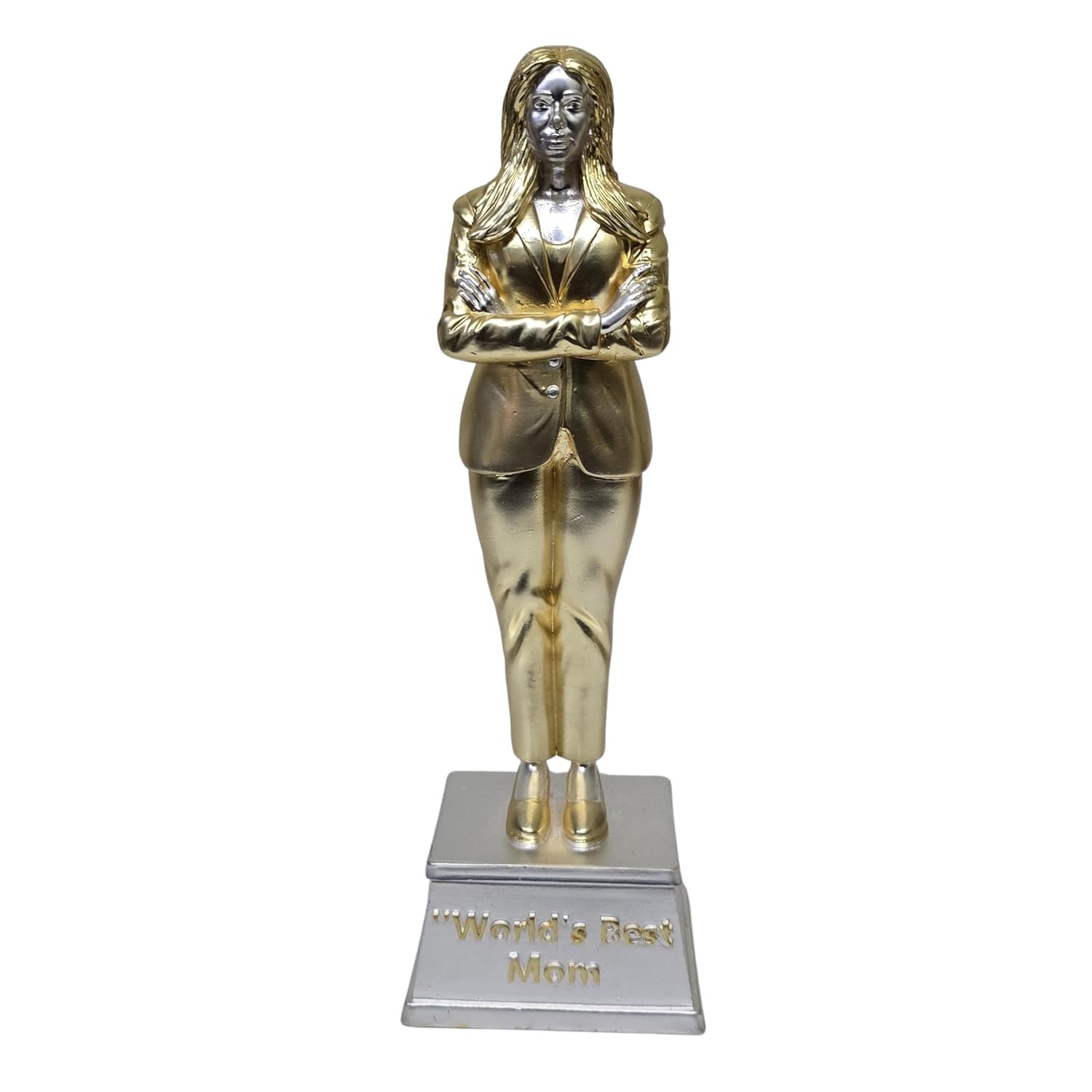 Elegant gold and silver 'World’s Best Mom' trophy featuring a confident woman in a business suit with arms crossed, symbolizing strength, leadership, and appreciation for mothers. A perfect gift for Mother's Day or special occasions.