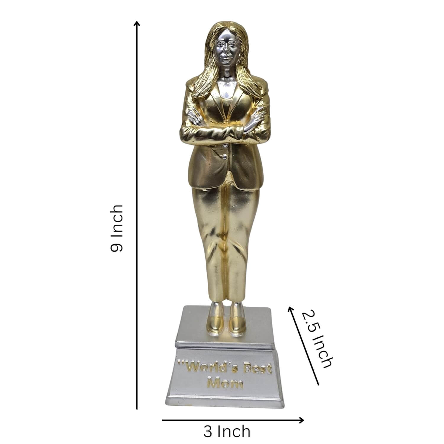 Elegant gold and silver 'World’s Best Mom' trophy featuring a confident woman in a business suit with arms crossed, symbolizing strength, leadership, and appreciation for mothers. A perfect gift for Mother's Day or special occasions.