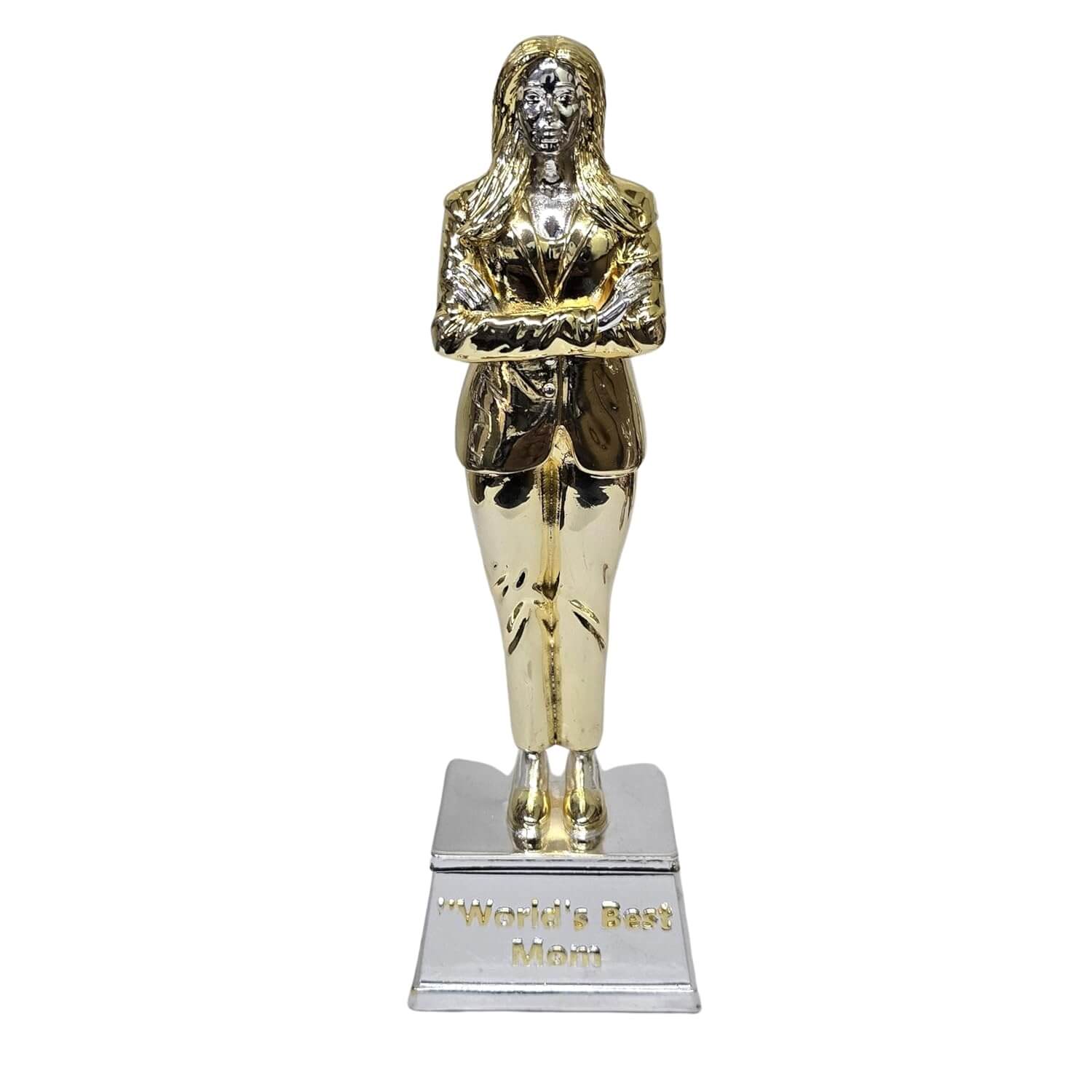A gold and silver "World's Best Mom" trophy featuring a woman in a suit with arms crossed.