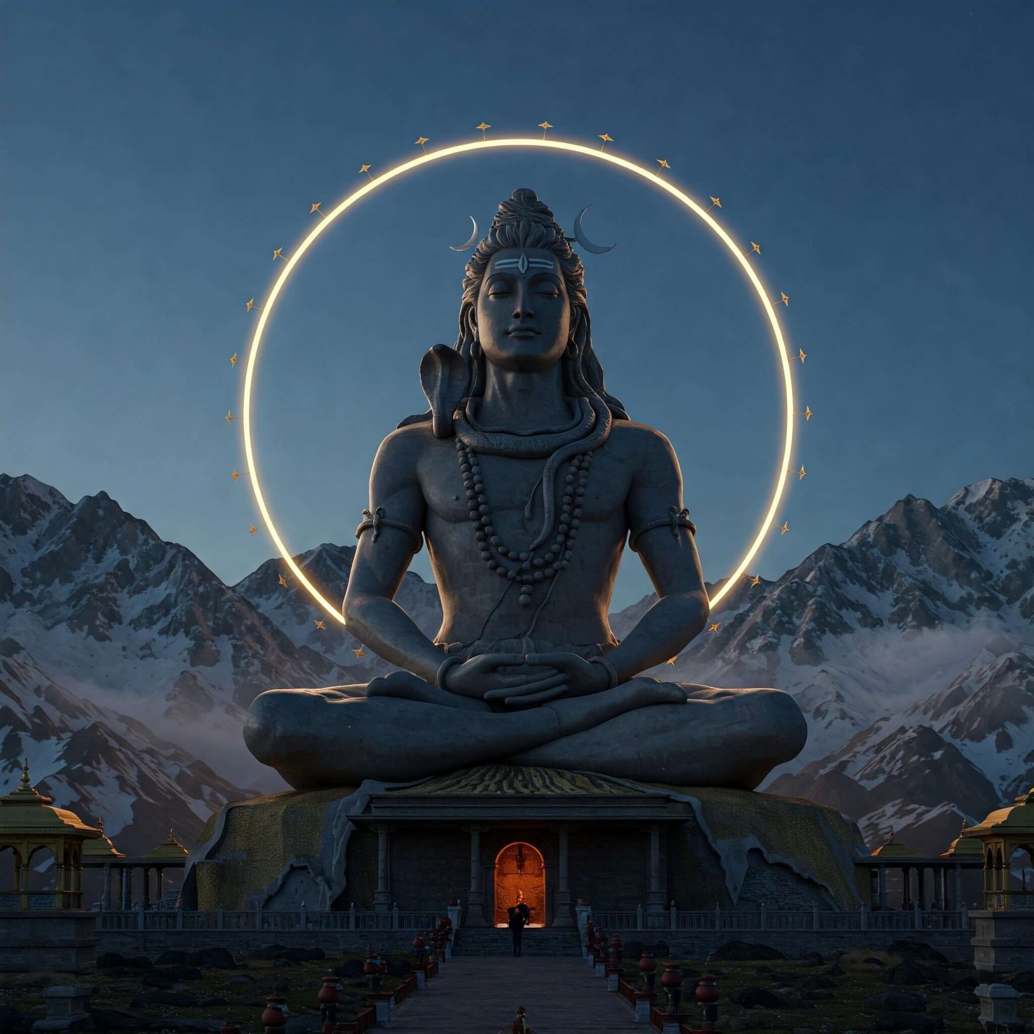 Majestic statue of Lord Shiva seated in meditation with glowing halo, set against snow-capped mountains and temple architecture at dusk.