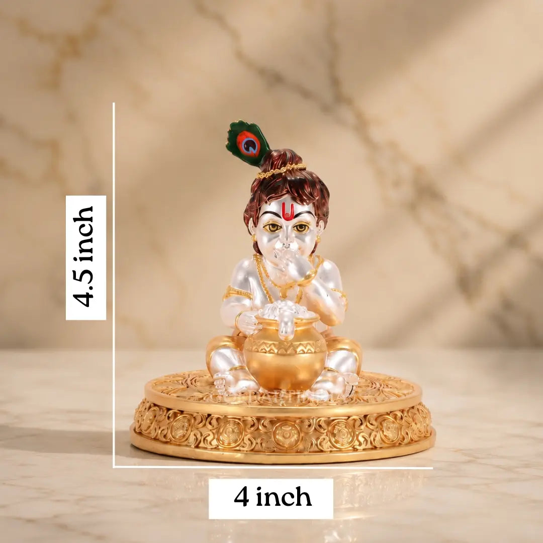New premium Makhan Krishna 4.5 inch idol with decorative base, gold silver matte