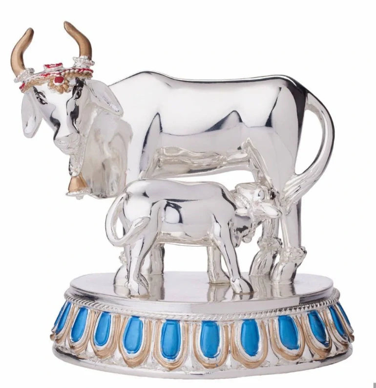 Large 999 silver plated Kamdhenu cow with calf idol, a premium housewarming gift