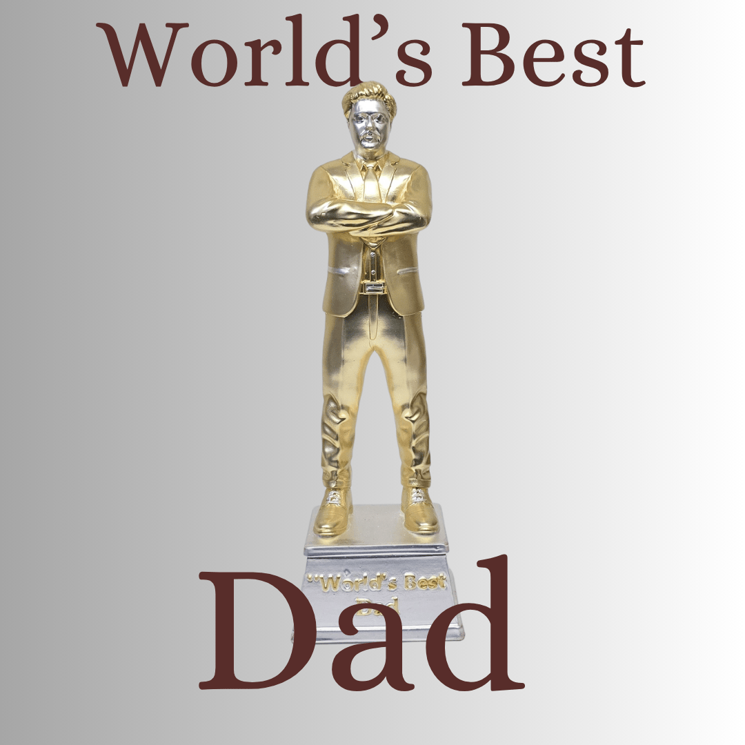 Golden trophy statue with the text 'World’s Best Dad' for Father’s Day celebration and appreciation.