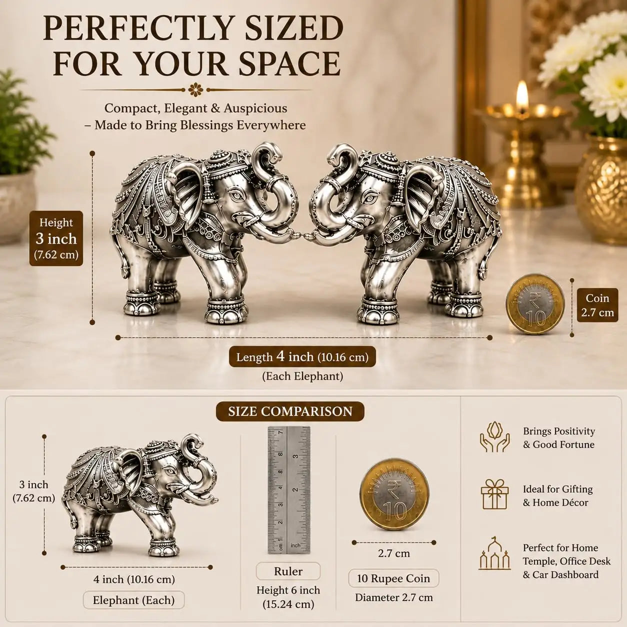999 silver plated elephant pair close-up detail of trunk and ornamental design