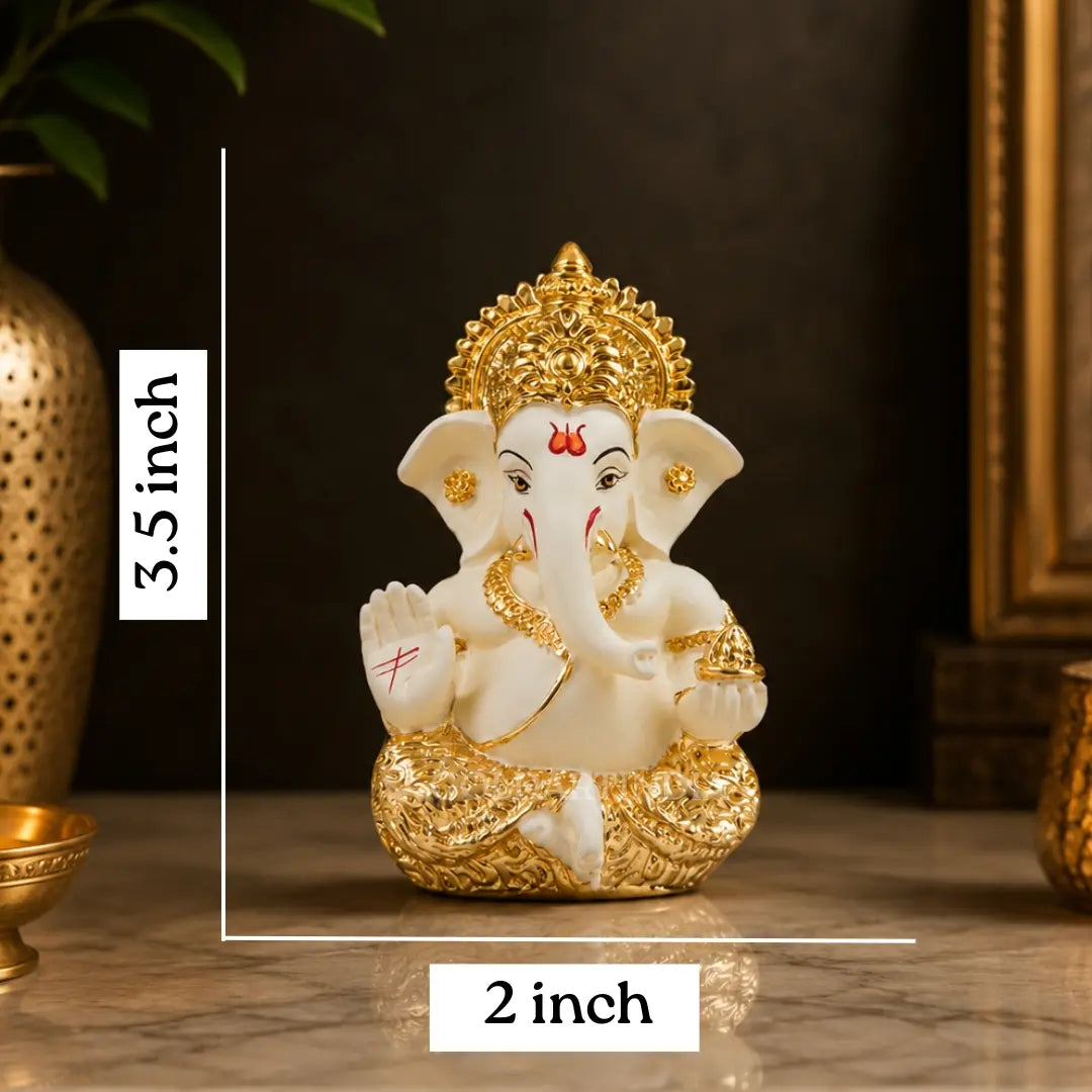 Gold Art India Lord Ganesha Gold Plated Idol | Elegant Off White Finish | 3.5 x 2 Inch Ganesh Murti with Peacock Green Velvet Gift Box | Home Temple, Office Desk, Car Dashboard & Spiritual Gift