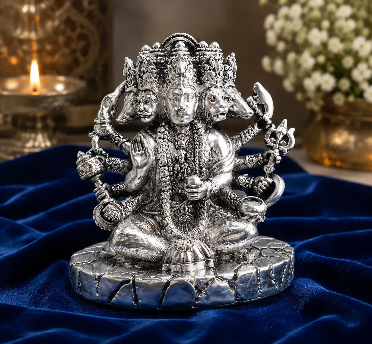 999 Silver Plated Panchmukhi Hanuman Idol – 2.8 Inch | Antique Matte Finish | Bajrangbali Murti for Home Mandir, Office, Car Dashboard & Gifting