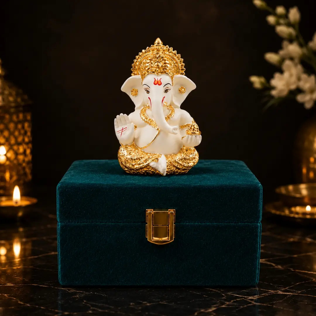 Gold Art India Lord Ganesha Gold Plated Idol | Elegant Off White Finish | 3.5 x 2 Inch Ganesh Murti with Peacock Green Velvet Gift Box | Home Temple, Office Desk, Car Dashboard & Spiritual Gift