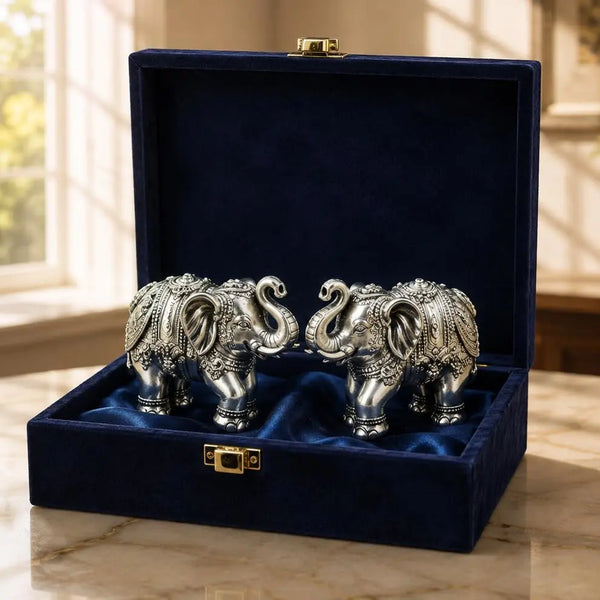 Gold Art India 999 Silver Plated Elephant Pair | Vastu Elephant Showpiece for Home Decor, Office & Mandir | Auspicious Gift
