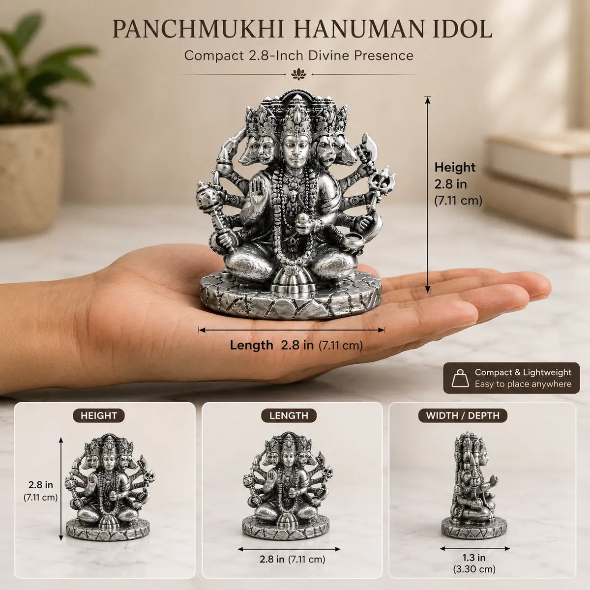 999 Silver Plated Panchmukhi Hanuman Idol – 2.8 Inch | Antique Matte Finish | Bajrangbali Murti for Home Mandir, Office, Car Dashboard & Gifting