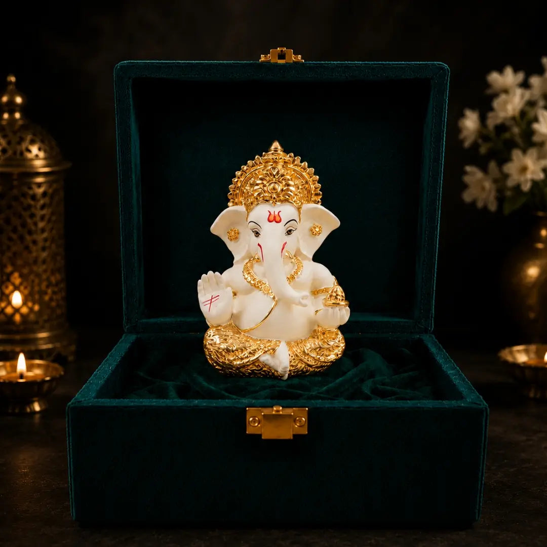 Gold Art India Lord Ganesha Gold Plated Idol | Elegant Off White Finish | 3.5 x 2 Inch Ganesh Murti with Peacock Green Velvet Gift Box | Home Temple, Office Desk, Car Dashboard & Spiritual Gift