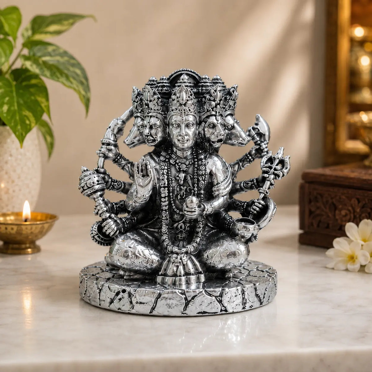 999 Silver Plated Panchmukhi Hanuman Idol – 2.8 Inch | Antique Matte Finish | Bajrangbali Murti for Home Mandir, Office, Car Dashboard & Gifting