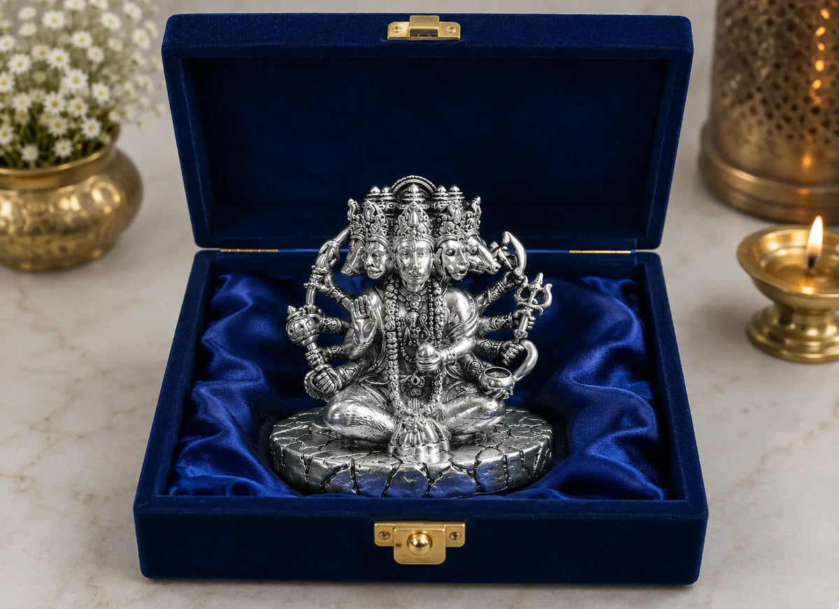 999 Silver Plated Panchmukhi Hanuman Idol – 2.8 Inch | Antique Matte Finish | Bajrangbali Murti for Home Mandir, Office, Car Dashboard & Gifting