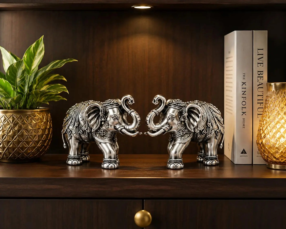 999 silver plated elephant pair lifestyle home decor shelf display