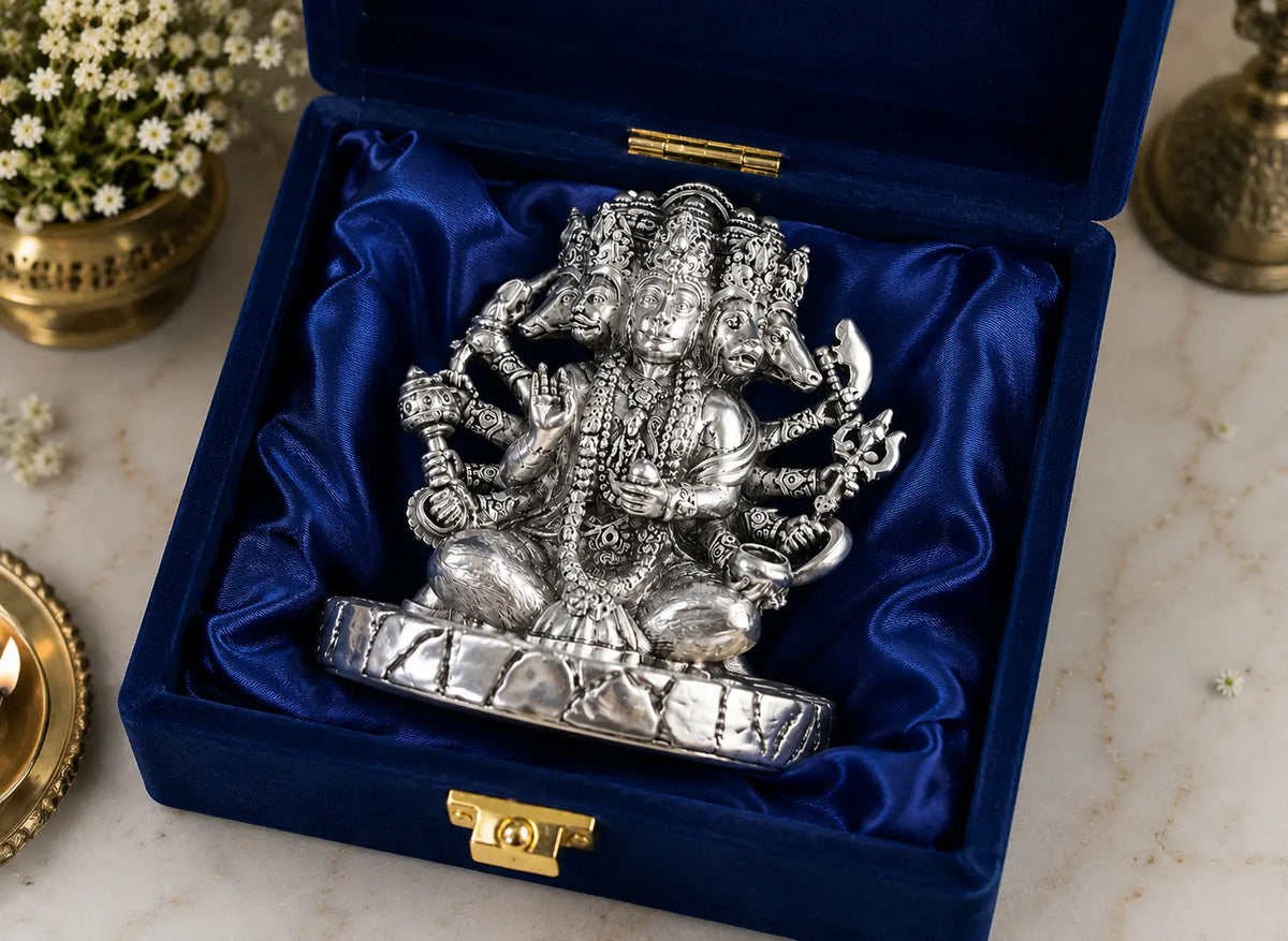 999 Silver Plated Panchmukhi Hanuman Idol – 2.8 Inch | Antique Matte Finish | Bajrangbali Murti for Home Mandir, Office, Car Dashboard & Gifting