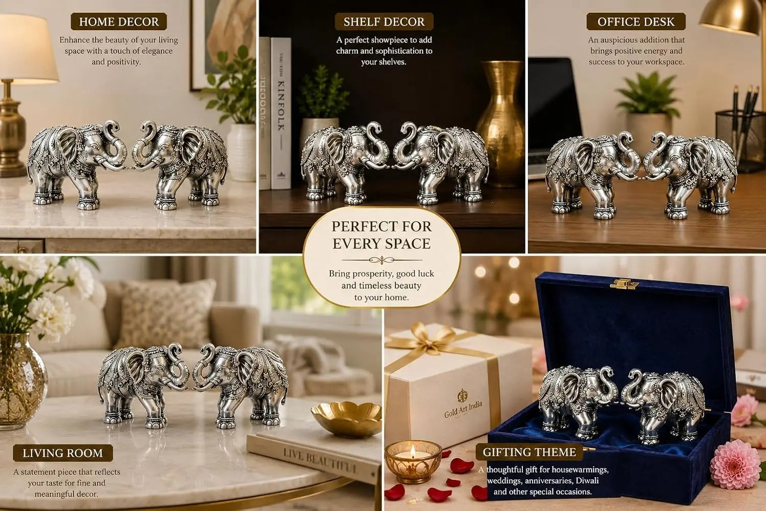 999 silver plated elephant pair lifestyle home decor office desk living room gifting