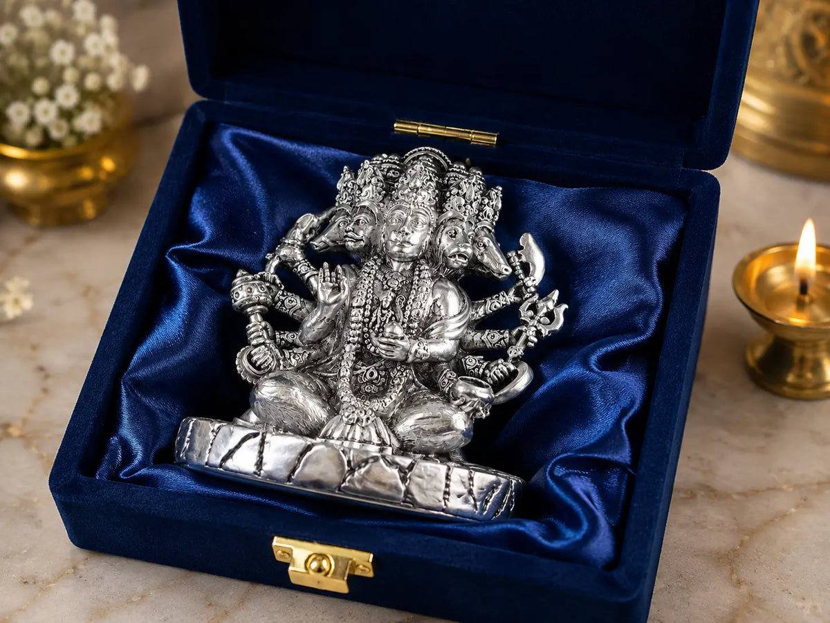 999 Silver Plated Panchmukhi Hanuman Idol – 2.8 Inch | Antique Matte Finish | Bajrangbali Murti for Home Mandir, Office, Car Dashboard & Gifting