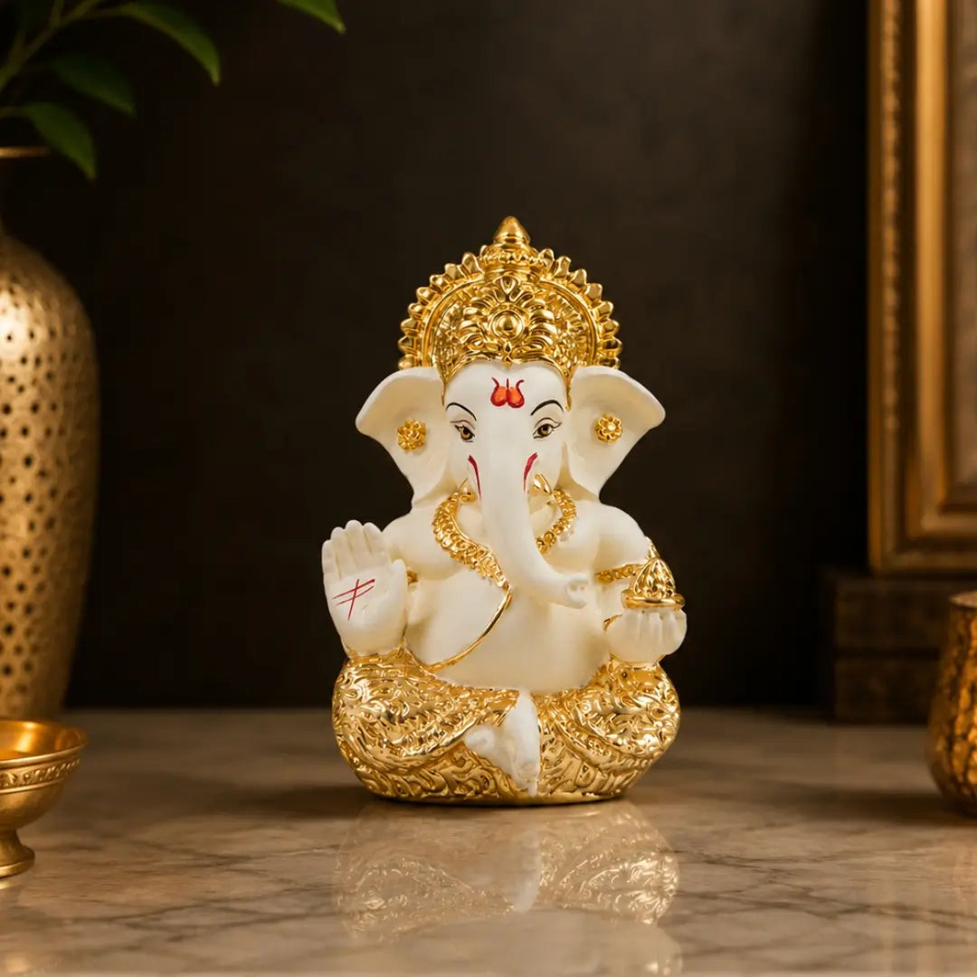 Gold Art India Lord Ganesha Gold Plated Idol | Elegant Off White Finish | 3.5 x 2 Inch Ganesh Murti with Peacock Green Velvet Gift Box | Home Temple, Office Desk, Car Dashboard & Spiritual Gift