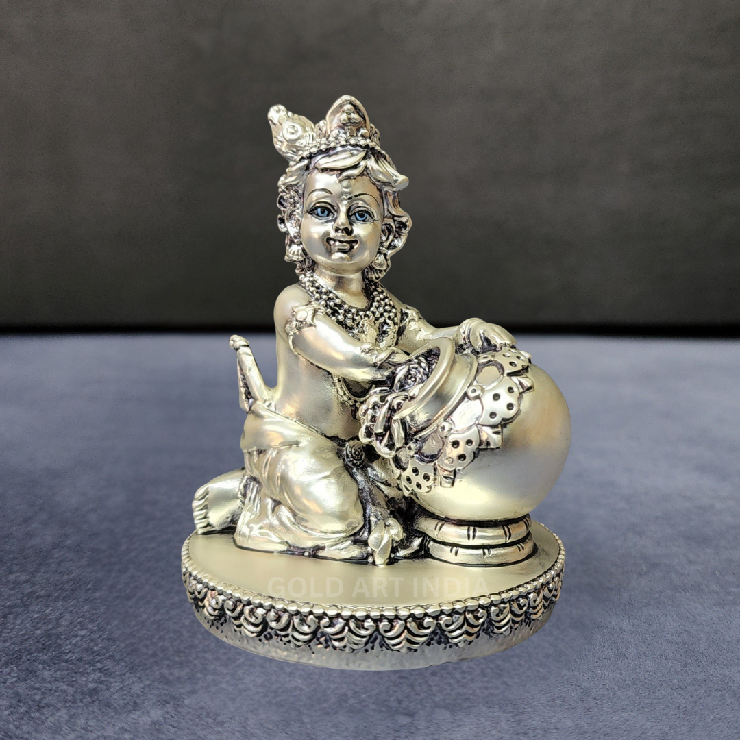 Makhan Krishna Idol – Silver Plated 4x3" | Antique Finish | Gift Idol