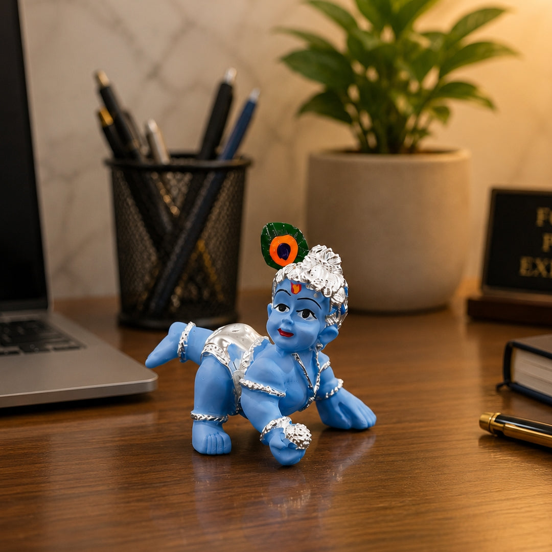 Laddu Gopal Idol (2.5 Inch) | Silver Plated Bal Krishna Murti with Premium Velvet Gift Box for Home Temple, Home Décor & Spiritual Gift