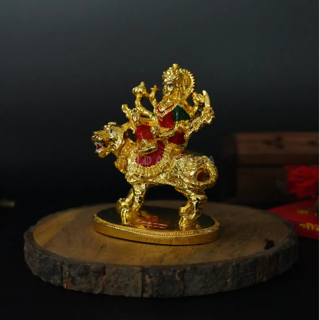 Gold Plated Ambe MATA Idol – 3.8 Inch Goddess Durga Murti with Red & Green Attire on Lion | Gold Art india