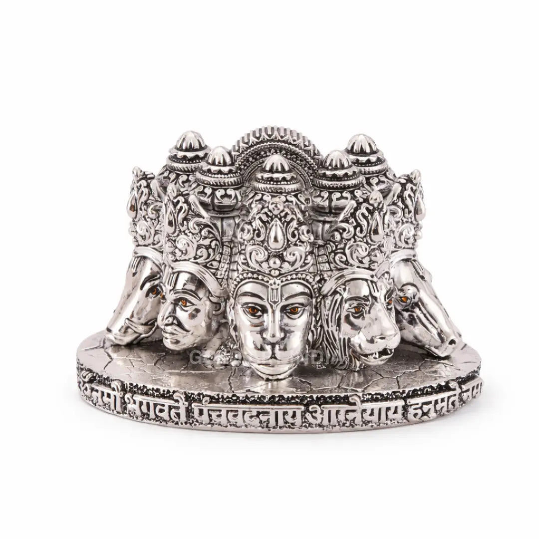 Panchmukhi Hanuman bust idol – silver antique finish, angled view – Gold Art India #color_Silver Antique