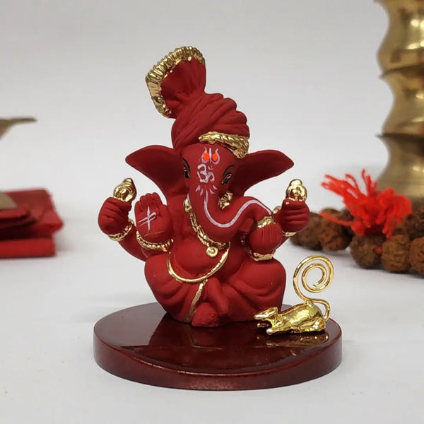 Red Terracotta Pagadi Ganesh Idol (3") with Gold-Plated Mooshak – Premium Ganesha Murti for Home Temple, Office Desk & Car Dashboard