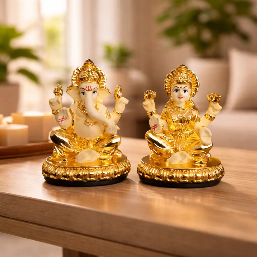 New Chakra Laxmi Ganesha Idol Gold off white 2.7  | Gold Art India