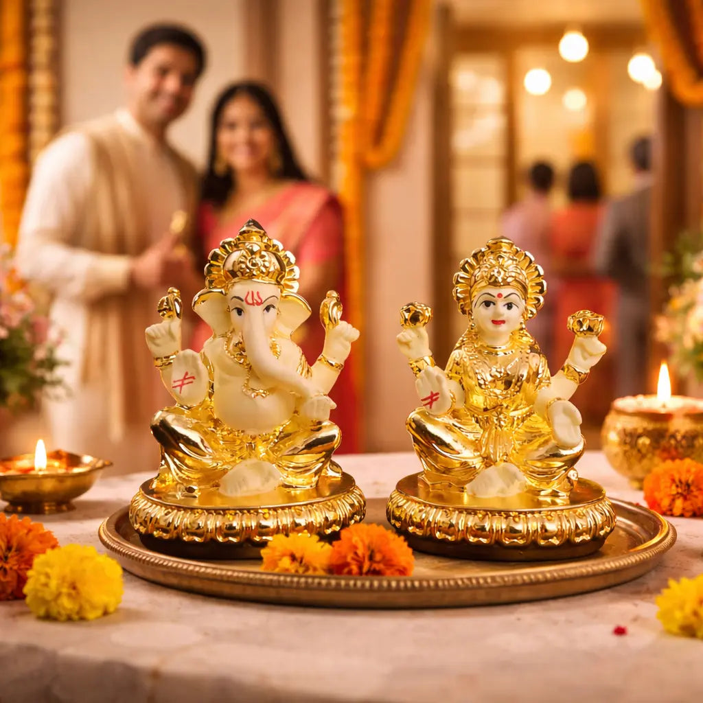New Chakra Laxmi Ganesha Idol Gold off white 2.7  | Gold Art India
