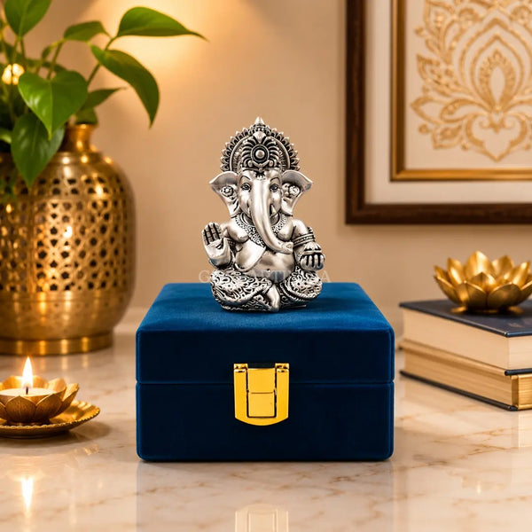 Gold Art India Ganesh Idol 999 Silver Plated Antique Matte Finish | 3 x 2 Inch Polyresin Ganesha Murti with Peacock Blue Velvet Gift Box | Home Temple, Office Desk & Spiritual Gift
