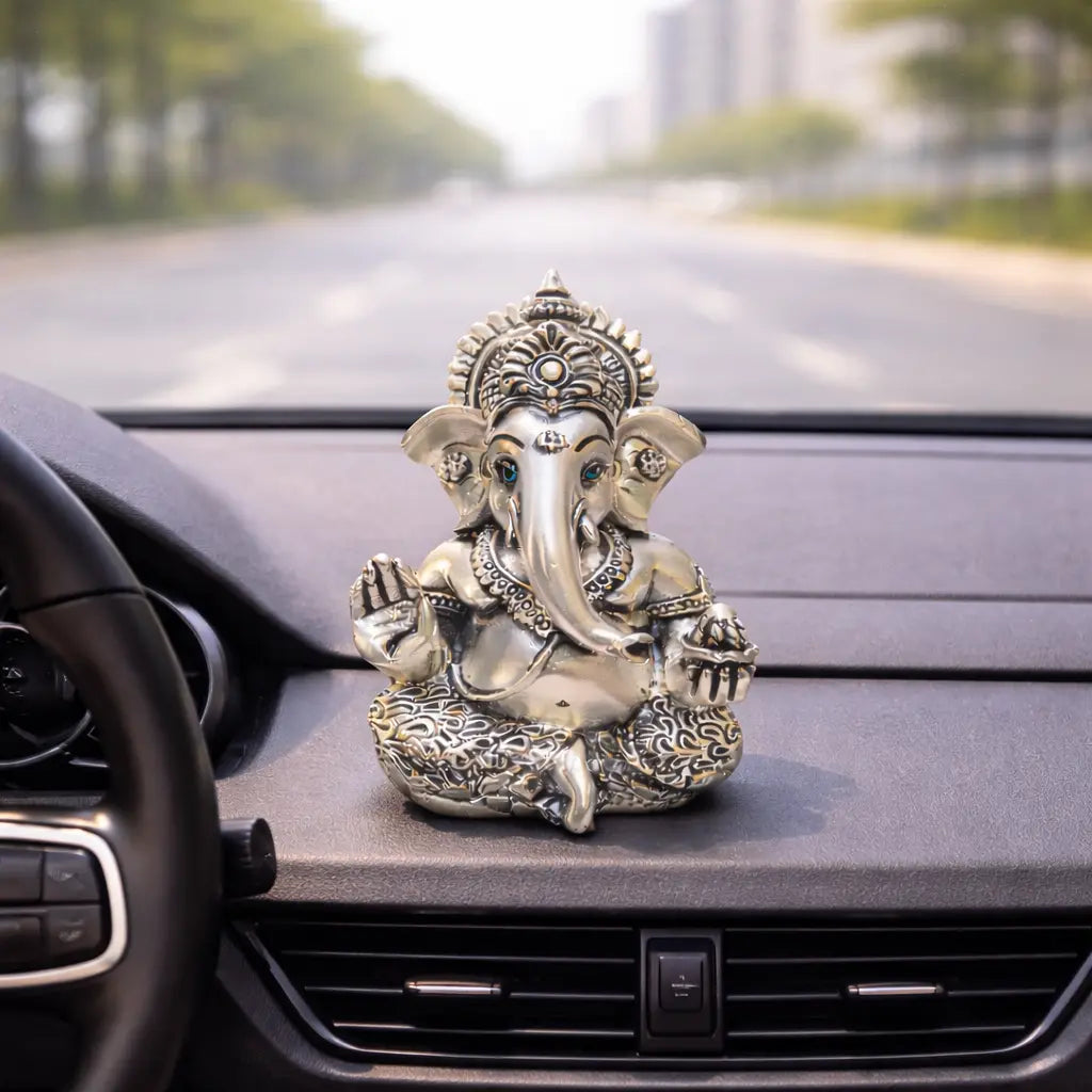 LORD GANESHA : Silver Plated Antique Matte Finish Ganesha Idol | Office Decor| Car & Home Decor | Perfect Gift